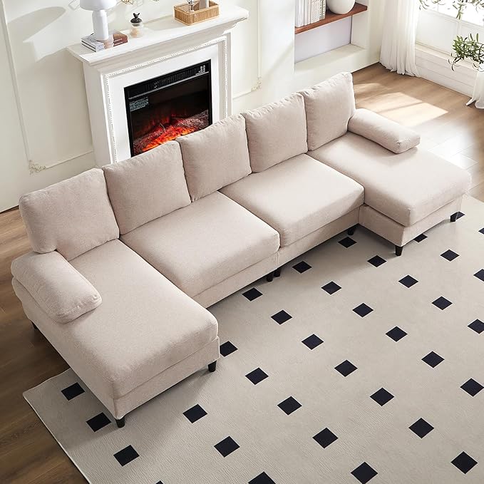 CECER 114” U-Shaped CouchLinen FabricLinen Fabric Modular Sectional Couches for Living Room/Apartment4 Seat Oversized SofaHigh Supportive&ampSoft Sponge(Beige)