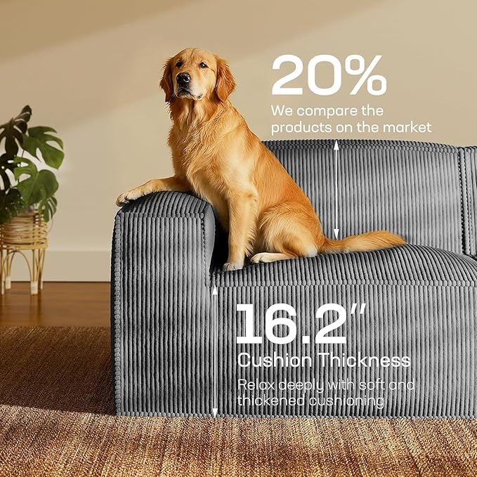 Marsail Modular Sectional Sofa 111 L-Shaped Modular Sectional Couch with Deep Seat Freely Combinable Sectional Cloud Sofa for Living Room No Assembly Plush Corduroy Fabric Grey