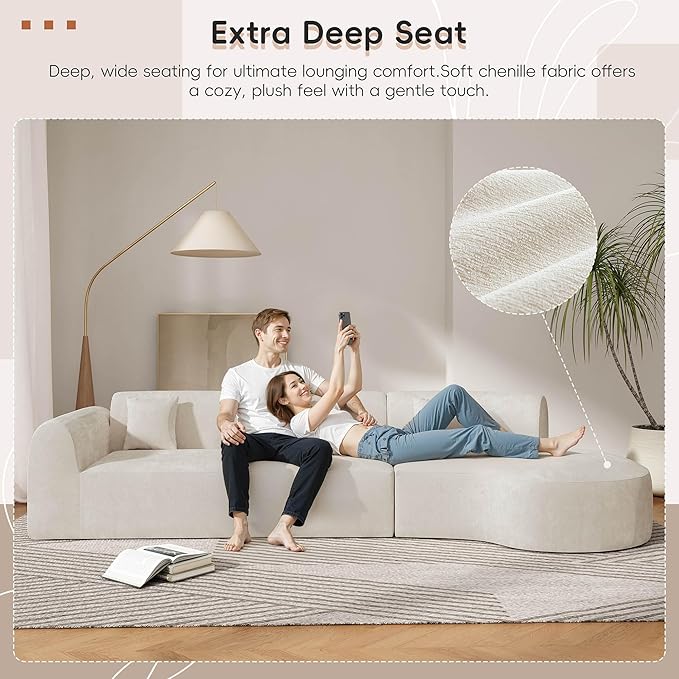 140 Modular Sectional Sofa with Curved Chaise Lounge Oversized Modern Sofa Set Right Hand Facing with Chenille Fabric Boneless Couches for Living Room 3-Piece Set Off-White