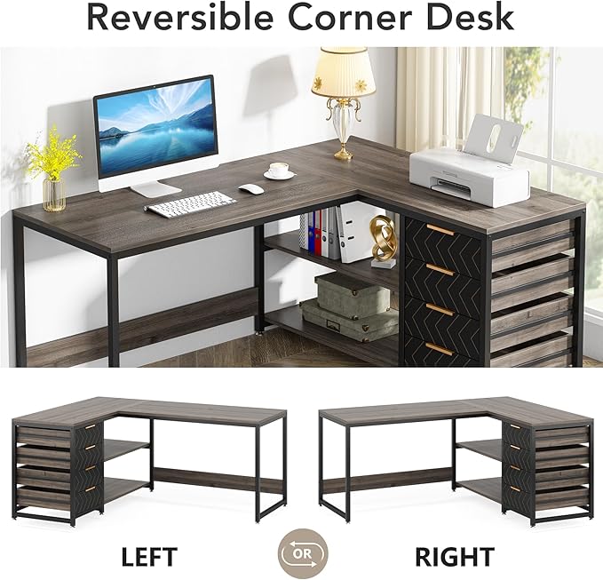 Tribesigns L Shaped Computer Desk with Storage Drawers 59 inch Corner Desk with Shelves Reversible L-Shaped Office Desk Writing Table Workstation for Home Office Grey