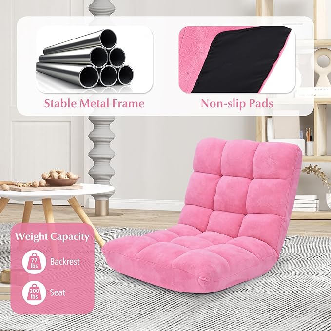 14-Position Floor Sofa Folding Gaming Sofa Chair Comfy Cushions &amp Study Steel Frame Angle Adjustable Sleeper Bed Couch Recliner (Pink)