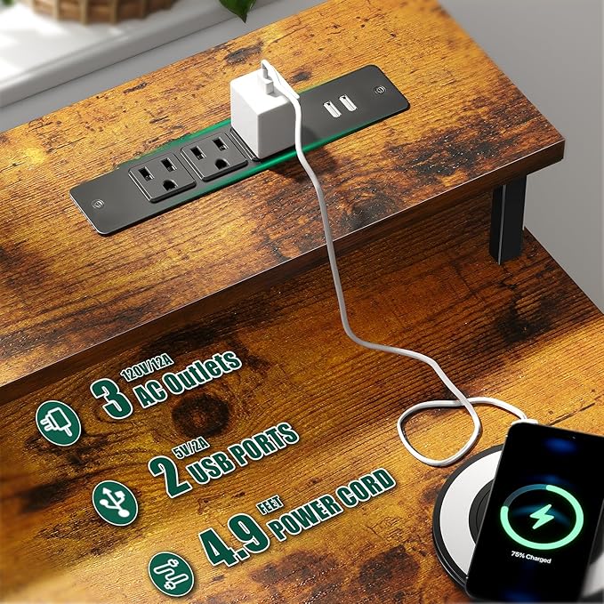 55 Inch Computer Gaming Desk with Power Outlets LED Lights Reversible Home Office with Adjustable Fabric Storage Drawers for Working Writing Study Rustic Brown