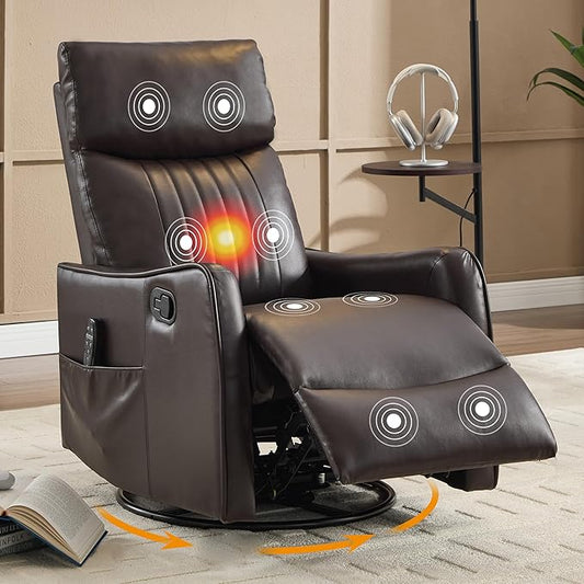 Manual Swivel Rocker Recliner Chair for Adults Overstuffed Recliner Glider with Massage and Heat Living Room Reclining Chair PU Leather Dark Brown