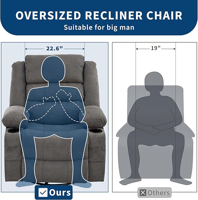 360° Swivel Recliner Chair for Adult Linen Rocker Chair with 3 Positions/2 Side Pockets/Cup Holders Manual Nursery Glider Rocking Chair for Bedroom Living Room Office