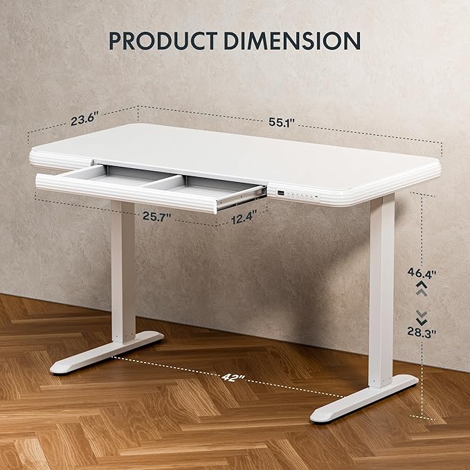 FLEXISPOT Comhar Electric Pure Glass Standing Desk with Drawer Desktop &amp USB Charge Ports 48 Ergonomic Height Adjustable Sit to Stand Desk for Home Office (White Glass)