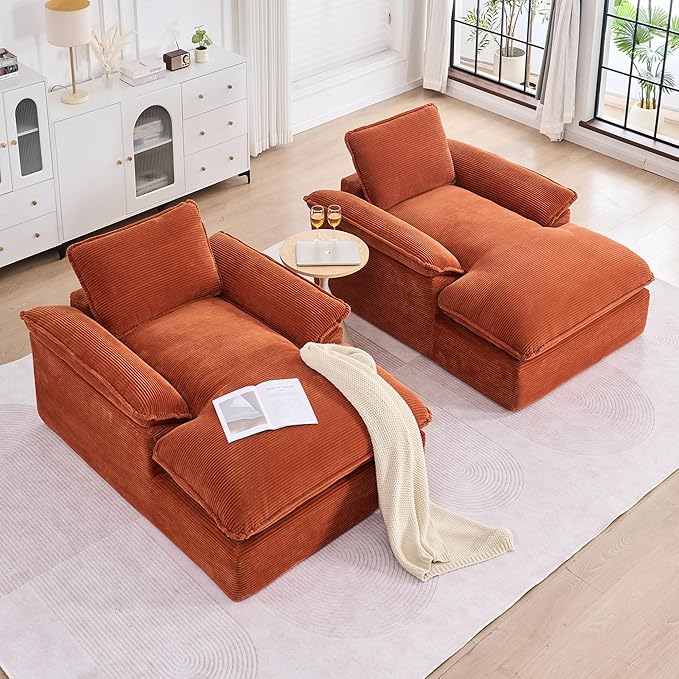 GNIXUU 67 Oversized Chaise Lounge Chair Indoor Corduroy Upholstered Boneless Sleeper Sofa Bed Comfy Large Reading Chair with Wide Armrests Plush Cloud Couch for Living Room Bedroom Orange | easy