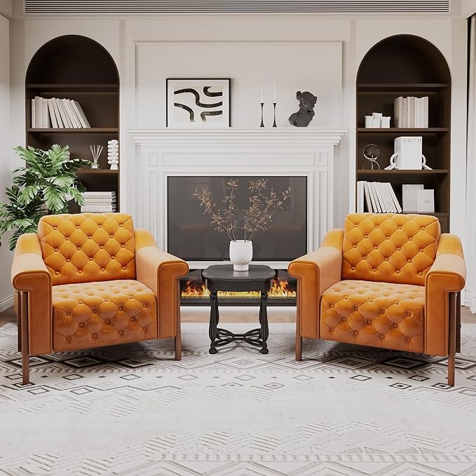 EJUNQ Cozy Accent ChairPU Leather Modern Living Room ChairsMid-Century Office Reading ChairSingle SofaArmchair for Bedroom Apartment Waiting Room(Orange)
