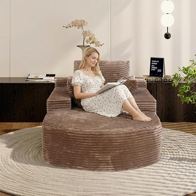 Oversized D-Shape Lounge Chair Indoor Single Foam Upholstered 67-inch Corduroy Boneless Deep Seat Circle CouchCloud Couch Lounge Floor Sofa Chair for Reading Room Brown
