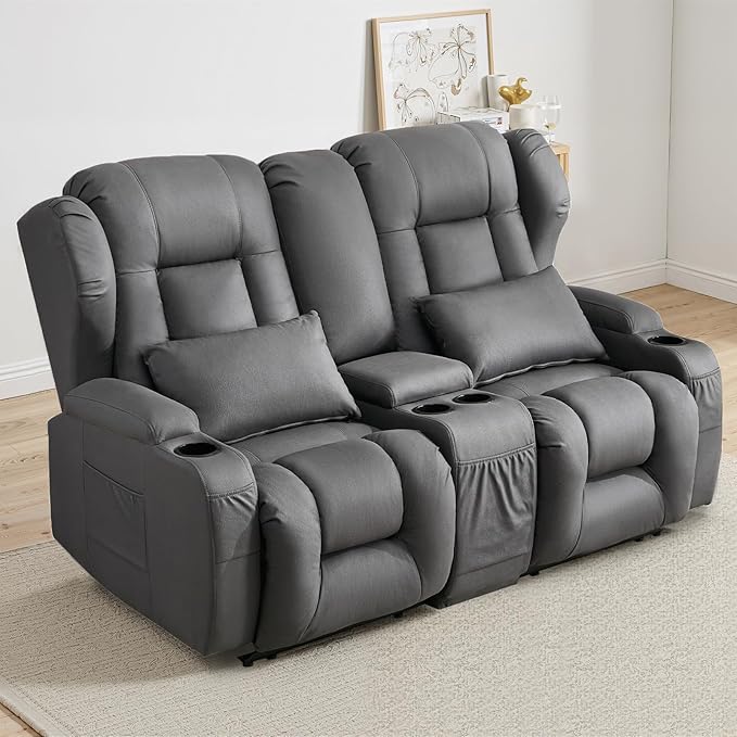 Loveseat Recliner SofaRV Wall Hugger Recliners for Small SpacesReclining Loveseat Sofa Recliner with Cup Holders/Lumbar PillowsRV Furniture (Gray Loveseat with Console)