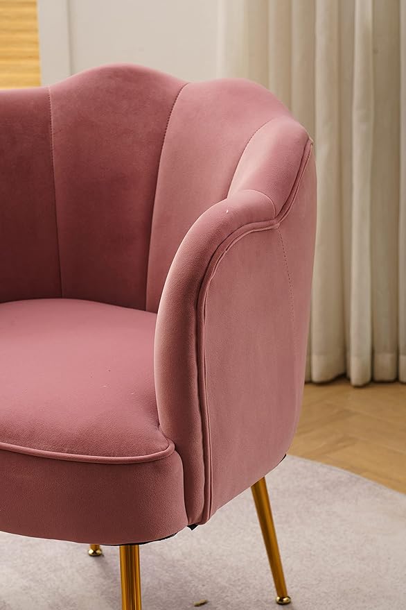 Shell Shape Velvet Fabric Armchair Accent Chair with Gold Legs for Living Room BedroomPink
