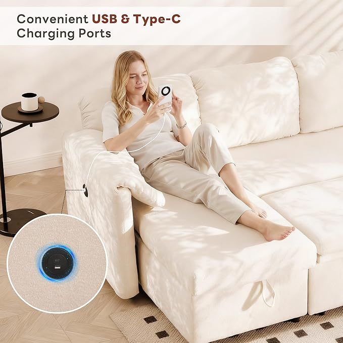 Tbfit 109'' Pull Out Sofa Sleeper Sofa Bed with USB &amp 2 Storage Chaises Comfy Oersized U Shaped Convertible Sectional Sleeper Couches for Living Room Apartment Office Beige