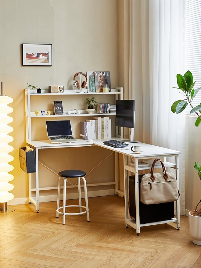 94.5 Inch Home Office Desk L Shape Gaming Desk with Storage Shelves and Stool