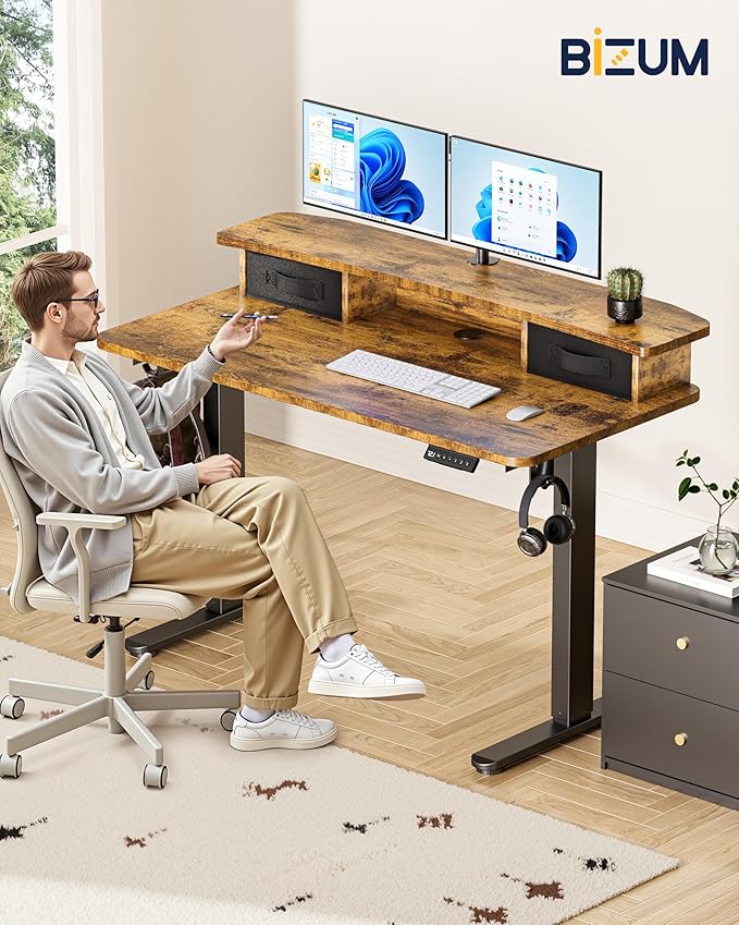BIZUM Standing Desk with 2 Drawers Computer Desk-Stand up Desk Home Office Gaming Memory Desks C-Clamp Mount Compatible 48x24 Inch Rustic Brown