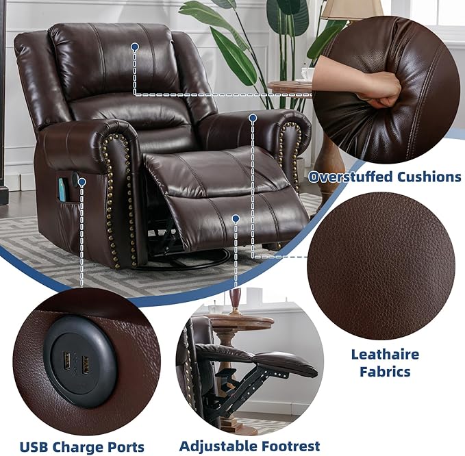 Swivel Rocker Recliner Chair with Heat and Vibration 360° Swivel Glider Rocker Manual Reclining Chair Massage Rocking Lounge Recliners with Side Pockets/USB Ports for Living Room Brown