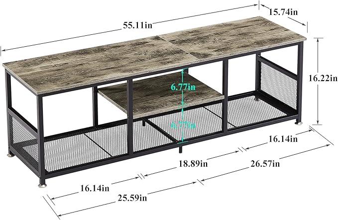 VECELO Industrial TV Stand for Televisions up to 65 Inch 55 Entertainment Center with Open Storage Shelves for Living Room/Bedroom 3 Tiers Media Console Table with Metal Frame Grey 55 Inches
