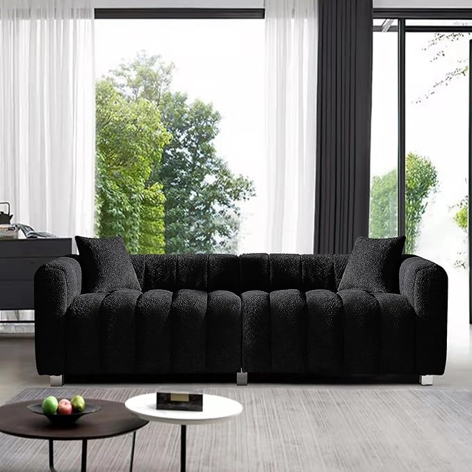 87.4 Modern 3 Seater Sofa Couch for Living Room Mid Century Fluffy Couches with Solid Wood Frame and 6 Legs for Bedroom Apartment Weight Capacity 750 LBS (Black)