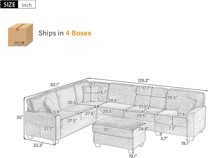 125.2 Sectional Sofa U-Shaped Upholstered Sofa L-Shaped Couch with a Movable Ottoman and Side Storage Pockets for Living Room Grey