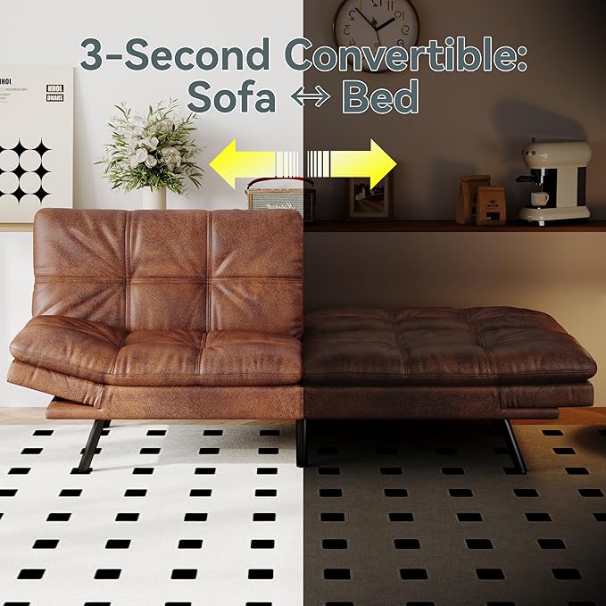 Futon Sofa Bed Convertible Couch Brown Faux Leather Sofa Bed with Memory Foam Adjustable Backrest &amp Armrests Multifunctional Small Loveseat Sleeper Sofa for Living Room Apartment Office
