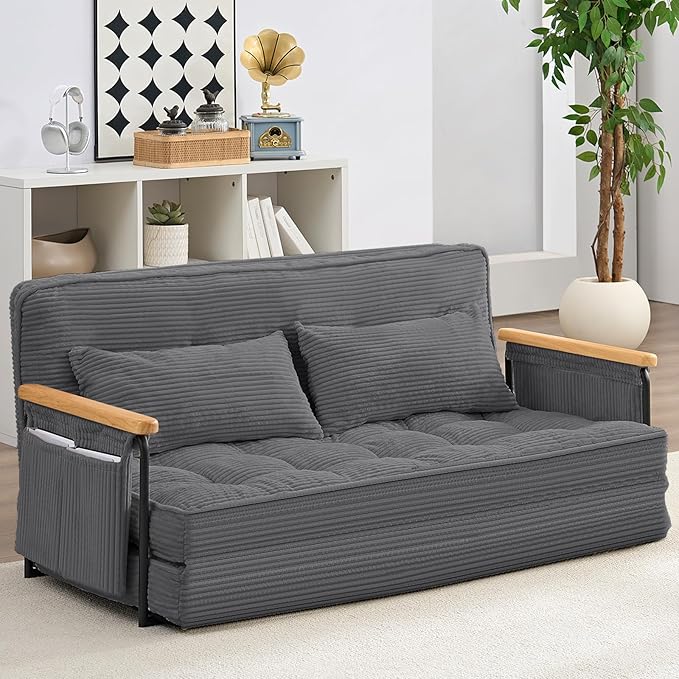 Mjkone 54 Adjustable Floor Couch with 2 Pillow Loveseat Sleeper Sofa with Side Pocket Multi-Functional Couch Bed 5 Position Lazy Sofa with Wooden Armrest for Living Room (Dark GrayLoveseat