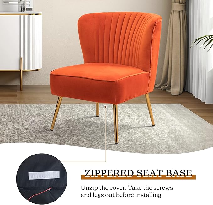 TINA'S HOME Monica Velvet Armless Side Chair Set of 2 Upholstered Accent Chair Comfy Living Room Chair with Golden Legs Wingback Mid Century Slipper Chair for Bedroom Guest Room- Orange