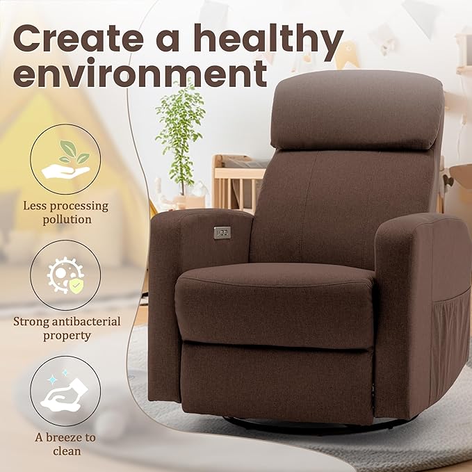 Power Swivel Recliner Chairs for Adults Electric Glider Rocking Chair Nursery Glider Recliner Nursery Chair with Classified Side Pocket Nursery Rocking Chairs with USB and Type-C Ports