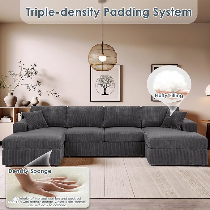 Dreamzie 120” Sectional Couches for Living RoomU Shaped Modular Sofa Couch with Double Oversized Chaise 4 Seat Corduroy Grey