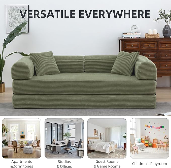 Convertible Folding Sofa BedFold Out Floor Sofa Couch with Fixed-Shape FrameCorduroy Foldable Mattress Cloud Couch for Living Room Bedroom (Light Green 78 Inch)