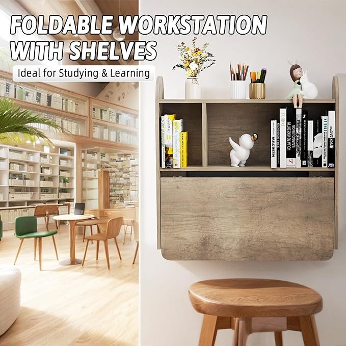 Wall Mounted Drop-Leaf Table Floating Laptop Desk Folding Table with Shelves Multifunctional Computer Workstation with Storage Compartments in Home Office for Space Saving (Rustic Oak)