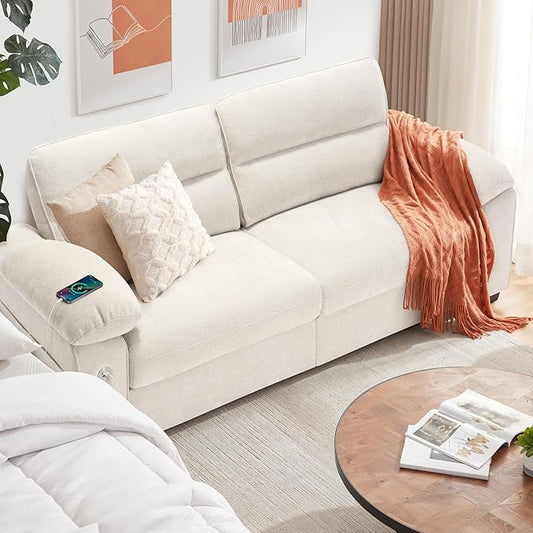 Ihanherry 90.5 Modern Sofa 2-Seater Couch for Living Room Chenille Pillow-Armrest with Extra Large Seat Width USB/Type-C Charging Port &amp Side Pocket Removable Medium Firm Cushion(Beige)