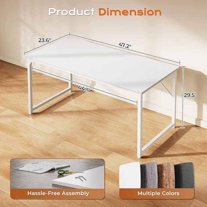 PRAISUN 48 X 24 Inch Computer Desk with Deeper Desktop Gaming Office Writing Work Desk for Home Office Study Bedroom Work from Home Metal Frame White