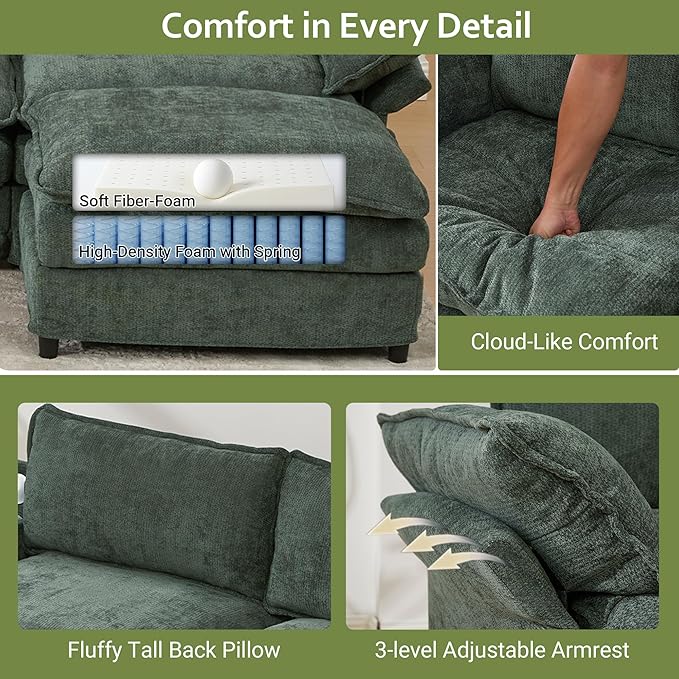 124 Cloud Couch Sectional Modular Sectional Sofa with Speakers Modern U Shaped Couches for Living Room Comfy Chenille Deep Sofas with Console Charging Station Cup Holders (Dark Green) | Easy Ass