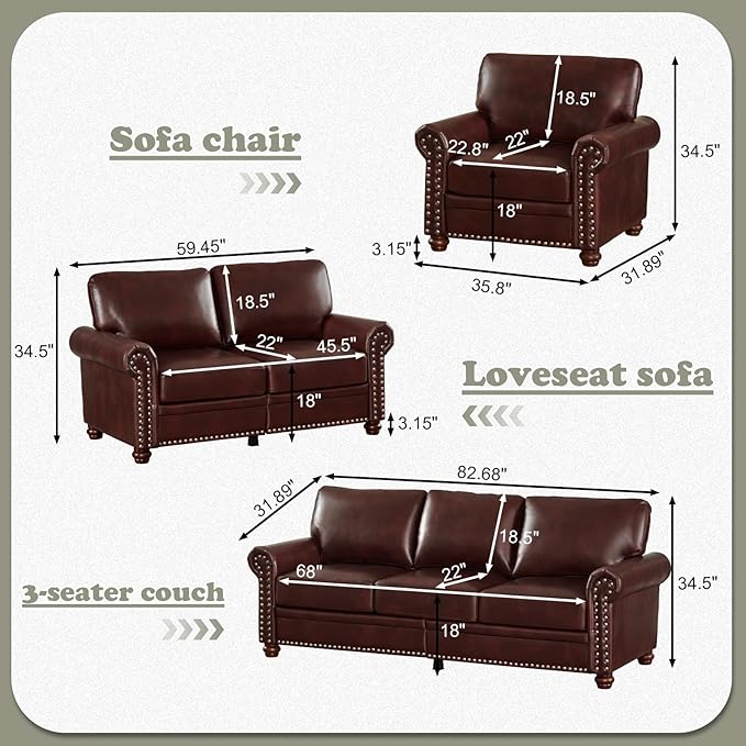 Antetek Comfy Upholstered PU Leather Sofa 82.6-inch Mid-Century Modern Loveseat Sofas with Storage Space &amp Solid Bun Feet 3-Seater Couches for Living Room Small Space Bedroom Brown
