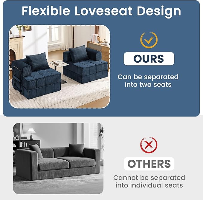 6-in-1 Convertible Sleeper Sofa Bed Corduroy Folding Mattress Couch with Fixed-Shape Frame Modular Foldable Boneless Couch Loveseat Couches with 2 Pillows for Living Room Bedroom Orange
