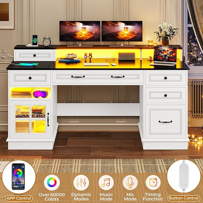 BTHFST Executive Desk with File Drawer Computer Desk with Monitor Stand Home Office Desk with Drawers &amp Storage Cabinet Writing Desk with Charging Station &amp LED Lights White