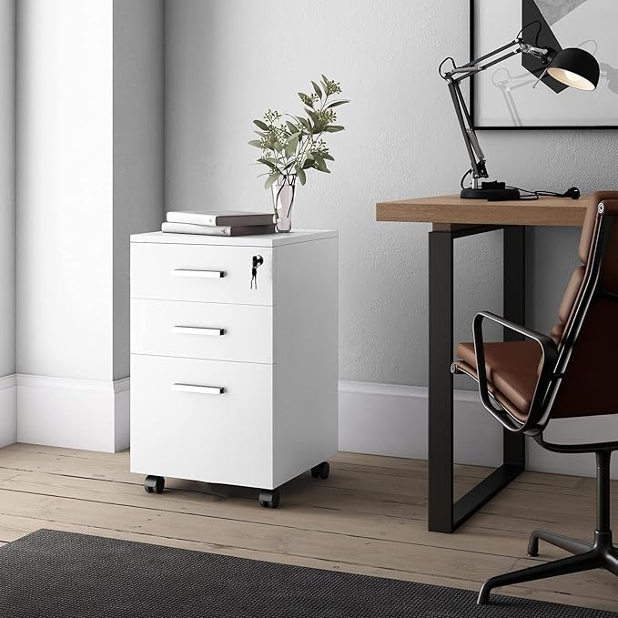 Mobile File Cabinet with Lock 3 Drawer Rolling Office Storage Cabinet Filing Cabinet Under Desk File Cabinet for Home Office Use Lockable Pedestal File Cabinet White