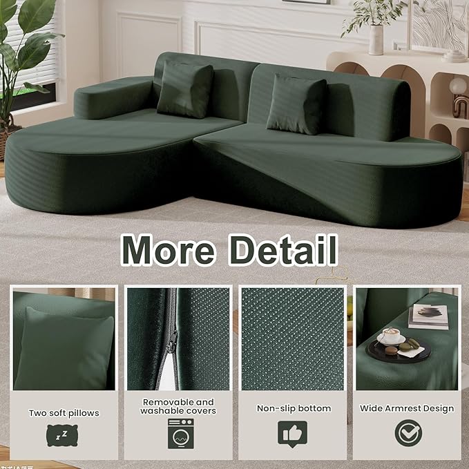 MELLCOM Modern Curved Boneless Sofa Couch L-Shaped Corner Sofa No Assembly Needed Chenille Upholstered Cloud Sectional Couch for Living Room Bedroom and Apartment (Green Left Hand Facing)