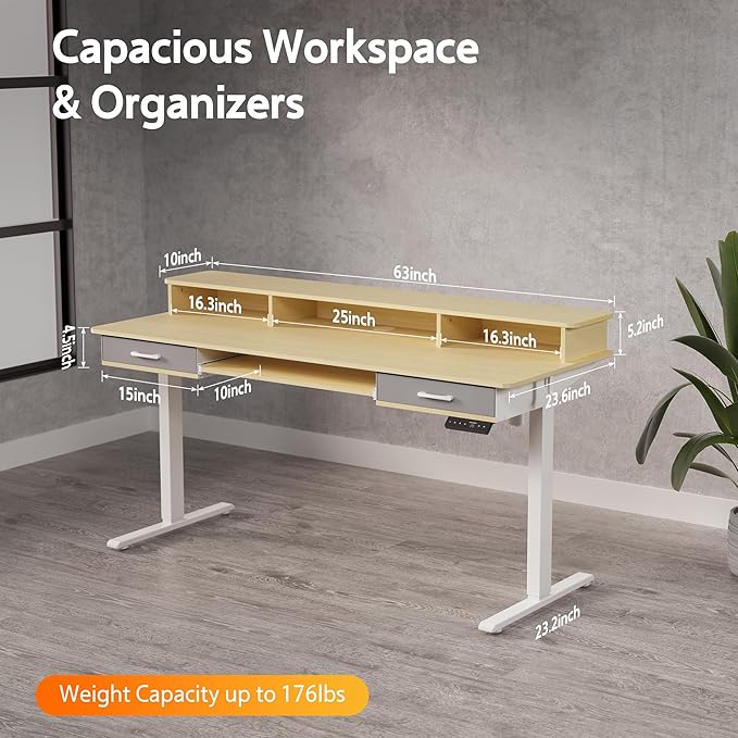 63 Inches Electric Standing Desk with Keyboard Tray Height Adjustable Sit to Stand Table with 2 Drawers Ergonomic Home Office Desk with Storage Shelf Computer Table Oak