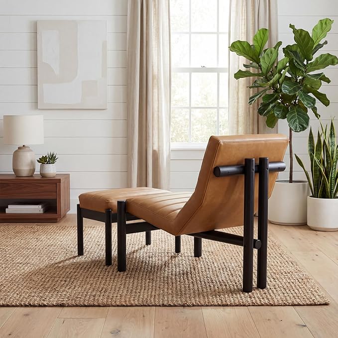 Upholstered PU Leather Accent Chair and Ottoman Set Modern Living Room Chair with Reclining Backrest and Footstool Small Reading Chairs for Living Room Bedroom Brown