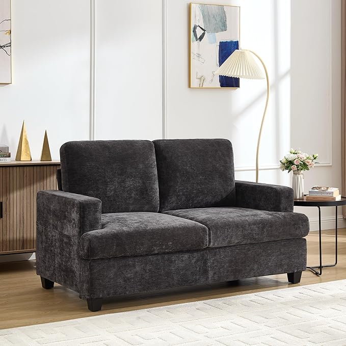 Loveseat Sofa 60 Chenille Couch with Side Pocket Removable Pillow and Cushion Cover 2 seat Couches Comfy Modern Small Couch for Living Room Small Spaces Dorms Office Dark Grey