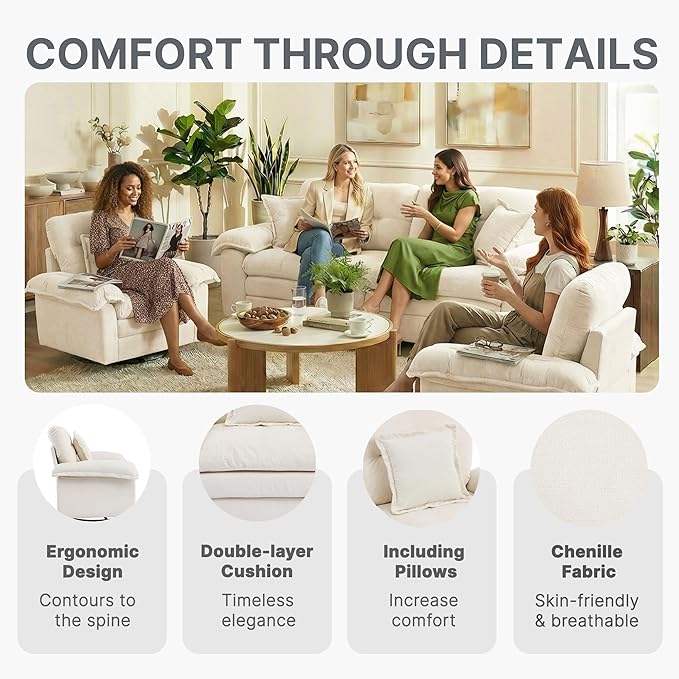 Modern 84 Small Loveseat &amp 2 Pieces 360° Swivel Accent Chairs Set Plush Chenille Fabric with Padded Seat &amp 4 Decorative Pillows for Apartment Living Room Bedroom Home Office (Beige 3-Pie