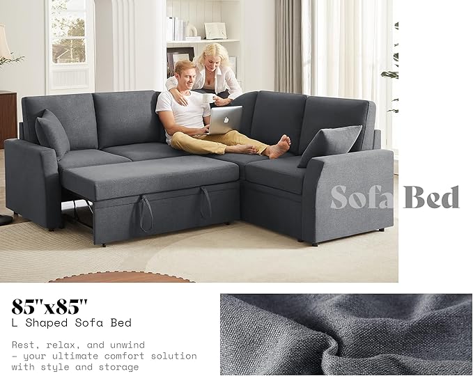 AMERLIFE Sofa Bed 85 Inch Reversible L Shape Couch with Pull Out Bed &amp Storage Seat Oversized Sectional Sleeper Bed for Living Room Apartment Grey Linen Sleeper Sofa Couch