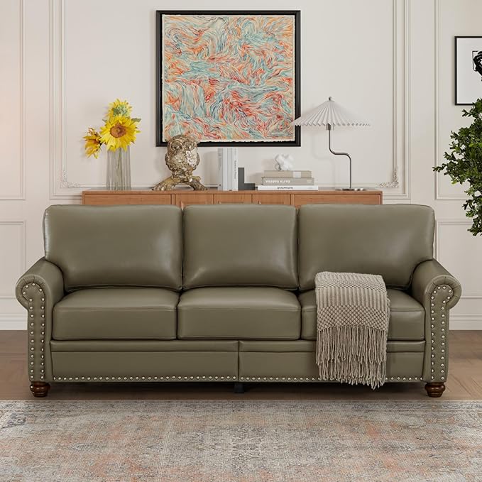 KEIKI 82.68 Chesterfield Sofa Retro Style Upholstered Faux Leather PU Couch with Storage Space Rolled Arm Nailhead for Living Room Bedroom Office Apartment Gray