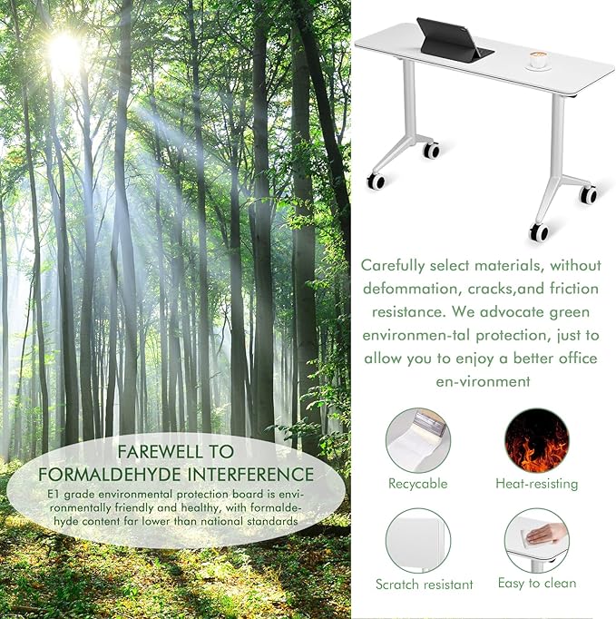 Folding Home Office Desk with Locking Wheels | Mobile Flip Top Computer Table | Space Saving Design for Small Spaces Apartments &amp Studios (47IN)
