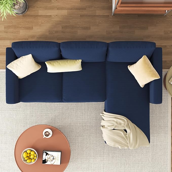 JAMFLY 3-Seat Convertible L-Shaped Sectional Sofa with Reversible Ottoman Upholstered Fabric Couch for Small Living Rooms Modern Modular Couch for Apartment Studio &amp Loft Blue