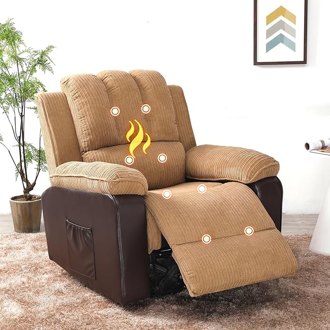 PU Power Recliner Sofa Ergonomic Lounge Chair Corduroy 8-Pointpower Recliner Heat Massage Electric Recliner Chairs with Side Pockets Brown Single Couch Comfy Chair for Bedroom Living Room