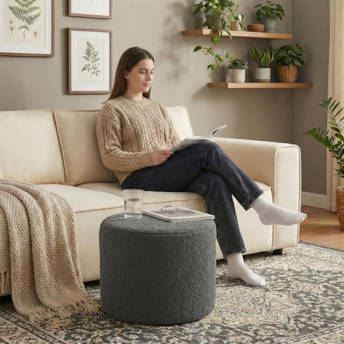 Round Stuffed Pouf Ottoman with Convertible Pull Out Sleeper Couch Sofa Bed Furry and Fluffy Pouf Foot Stool Ottoman Floor Poufs Foot Rest for Living Room Office (Grey)