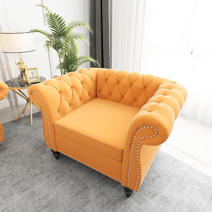 Accent ChairVelvet Chesterfield Sofa Modern Tufted Couch 1 Seater Sofa with Scroll Arms and Nailhead for Living Room Yellow