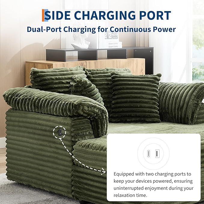 Oversized Chaise Lounge Chair Indoor Upholstered Sofa Bed with Throw Pillows and Armrests Comfy Corduroy Sleeper Couch with Cup Holders and Charging Port for Living Room Bedroom 60 Inch Wide Green