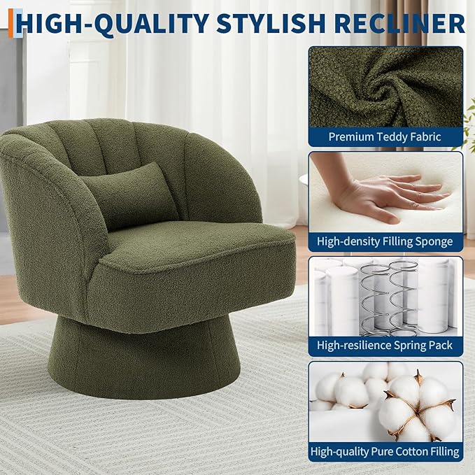 Swivel Barrel Chair - Teddy Bear Velvet Upholstered Modern Armchair with Striped Backrest &amp Plush Padding Round Lounge Chair for Living Room Bedroom Small Spaces Green - (2 Pcs)