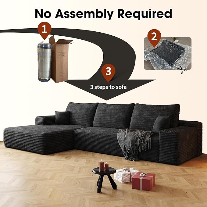 Eafurn Oversized L-Shaped Modular Sectional Sofa with Chaise Fluffy Corduroy Upholstered Boneless Couch with Deep Seat Minimalist Flexible Combination for Living Room | Breathable material Full Foa